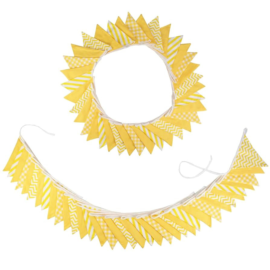 Zwiebeco 32Ft Yellow White Plaid Stripe Wavy Fabric Bunting Banner Triangle Flags Cotton Garland ... | Amazon (US)