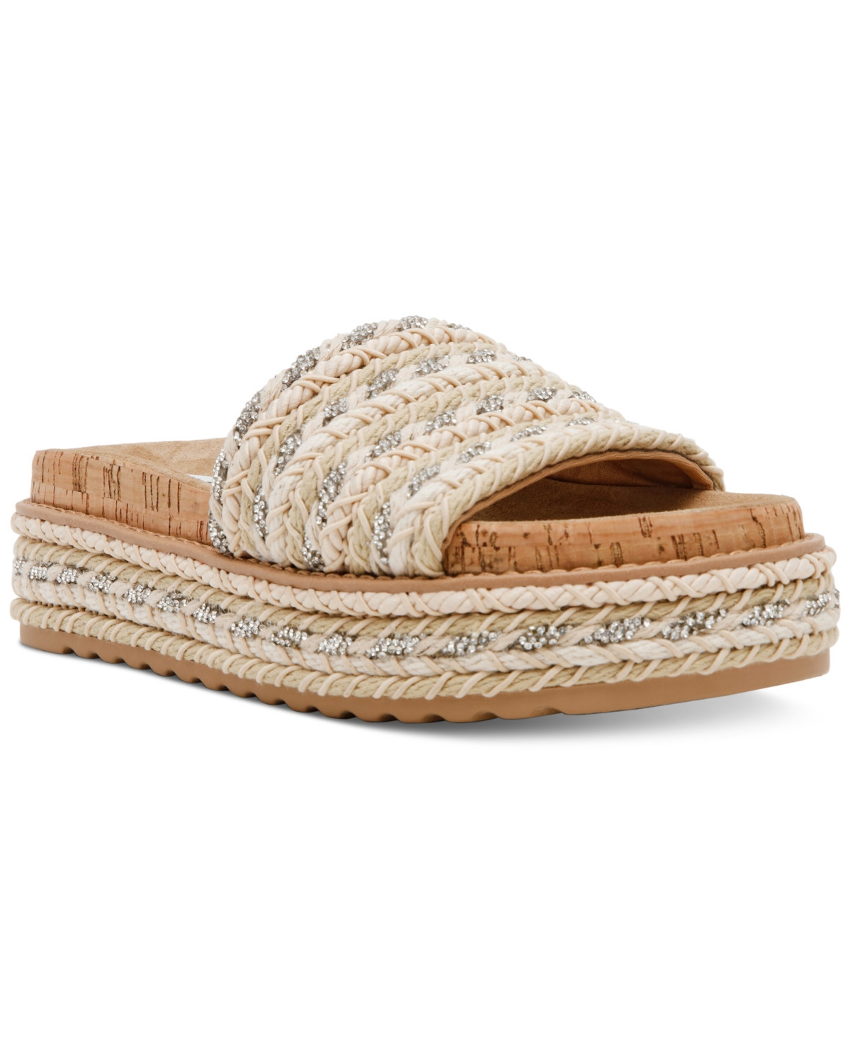 Steve Madden Women's Bellar Raffia Platform Footbed Slide Sandals - Natural Raffia/Rhinestone | Macy's