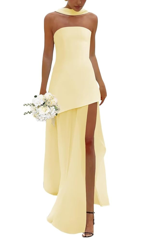 Loyeloy Women's Strapless Satin Bridesmaid Dresses with Scarf Sexy Slit 2025 Chiffon Formal Eveni... | Amazon (US)