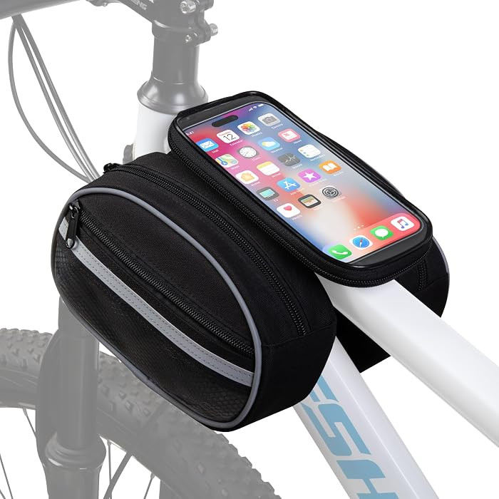 Bike Frame Bag with Detachable Touchscreen Phone Window, 4 Zipper Pockets, Bicycle Handlebar Bag ... | Amazon (US)