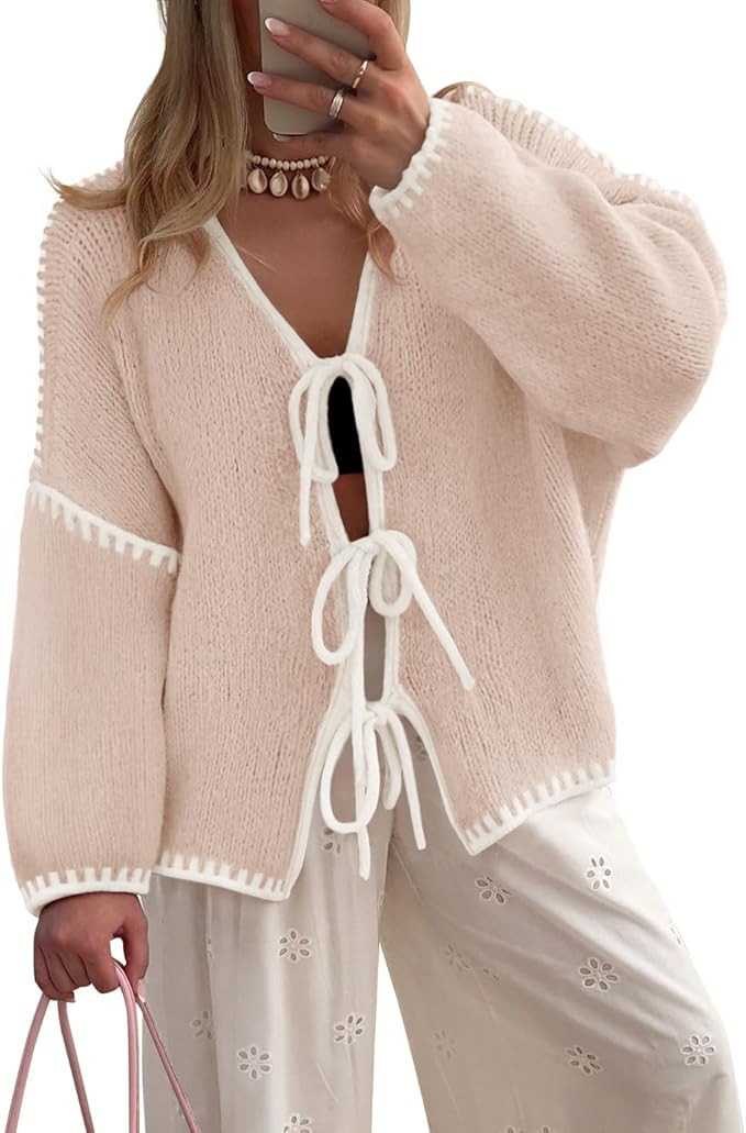 ZESICA Women's Tie Front Bow Cardigan Sweaters 2025 Casual Long Sleeve Knit Color Block Fall Wint... | Amazon (US)