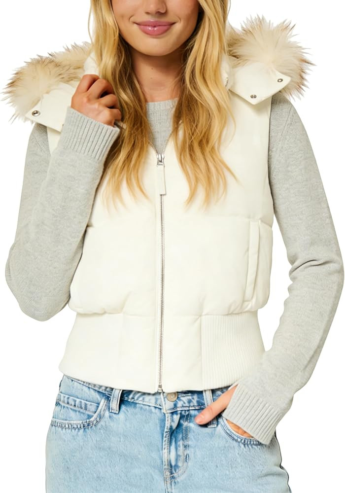 Lightweight Puffer Vest Women Faux Fur Hooded Y2K Vest Top Trendy Baned Hem Winter Coat | Amazon (US)