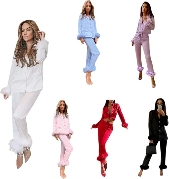 Silk Pajamas for Women Long Sleeve Long Pants Feather Sleeve Button Down Pjs Set Sleepwear Nightw... | Amazon (US)