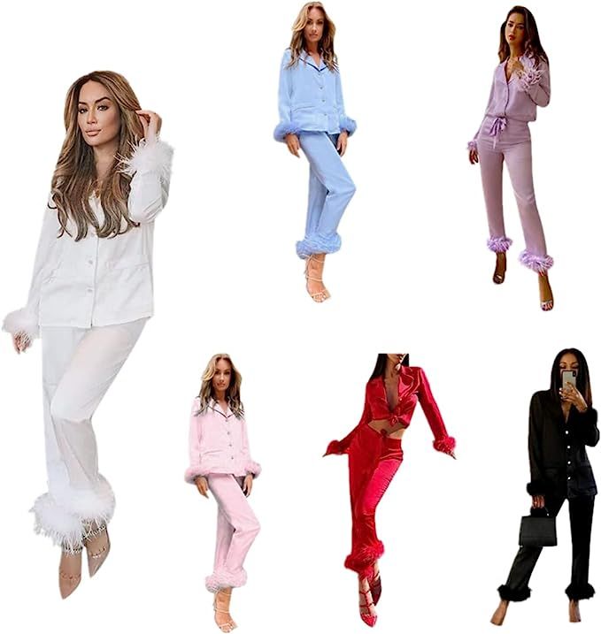 Silk Pajamas for Women Long Sleeve Long Pants Feather Sleeve Button Down Pjs Set Sleepwear Nightw... | Amazon (US)