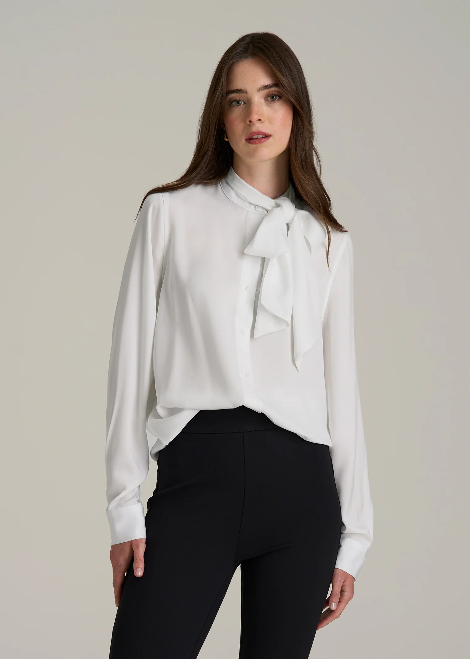 Satin Blouse With Bow for Tall Women in White | American Tall