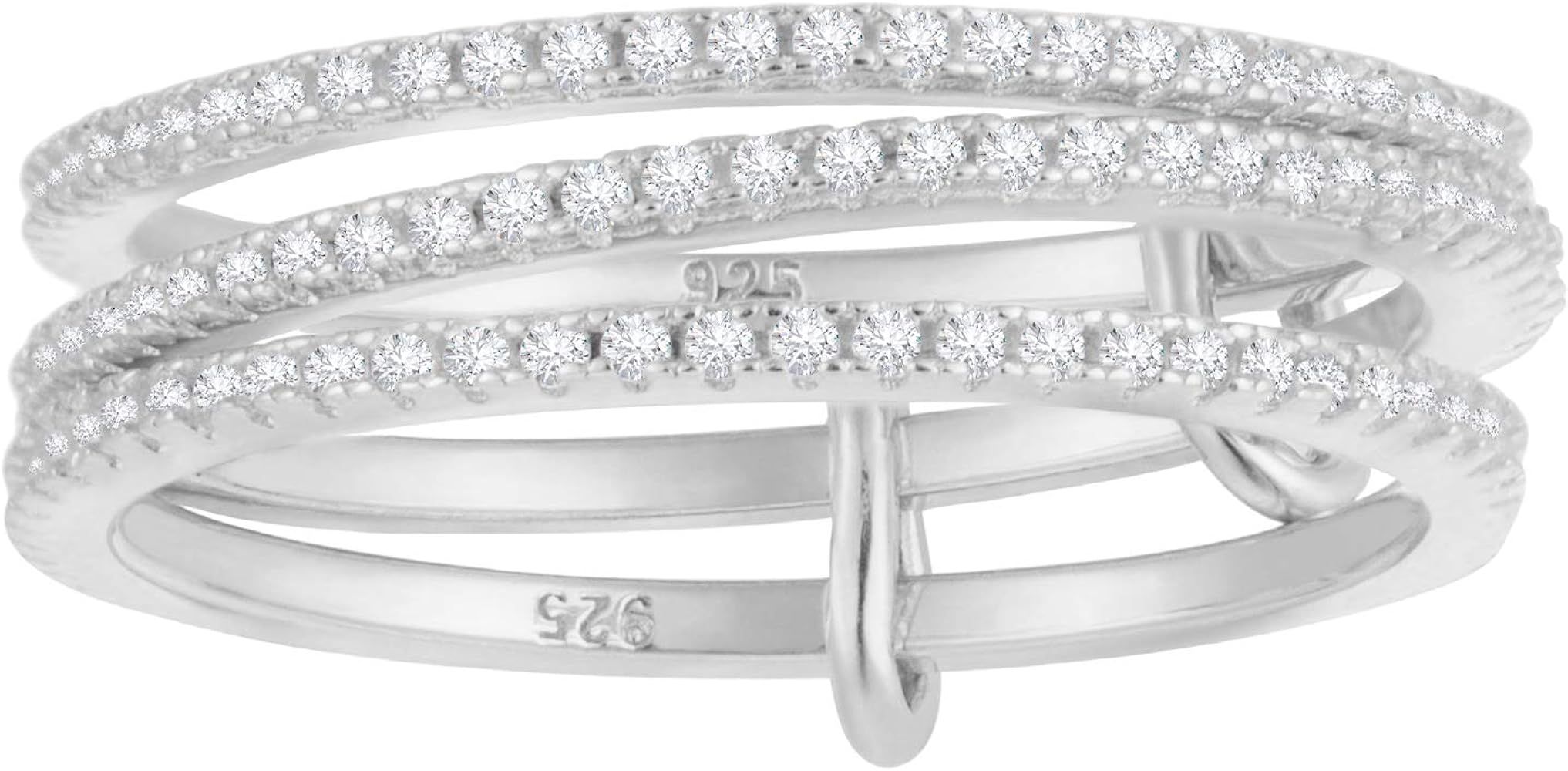 espere Rhodium Plated Sterling Silver Dainty Three Band Ring | Women's CZ Triple Eternity Ring | ... | Amazon (US)