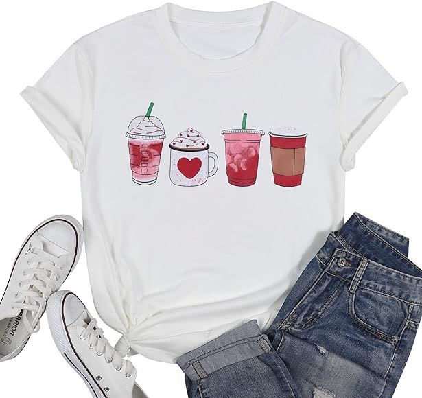 FASHGL Valentine Coffee Shirts Women Heart Coffee Graphic Tees Shirt Valentine's Day Gift Crewnec... | Amazon (US)