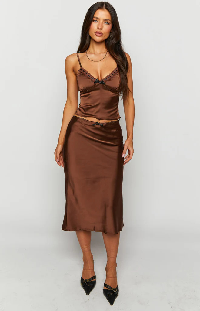 Khloe Brown Satin Midi Skirt | Beginning Boutique (AU)