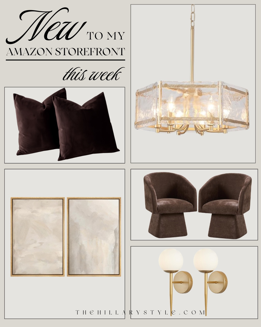 JUST ADDED — ELEVATED AMAZON HOME FINDS! These are the pieces giving rich, moody, DESIGNER-INSPIRED energy without the luxury markup.

The DEEP CHOCOLATE VELVET PILLOWS instantly warm up any space. That BRASS + GLASS CHANDELIER looks custom. The TEXTURED ABSTRACT ART is neutral perfection. I’m obsessed with the SCULPTURAL SWIVEL CHAIRS — they look straight out of a high-end showroom. And the BRASS GLOBE SCONCES? The glow is unreal.

This collection feels layered, warm, and intentionally curated.

#Amazon #TheHillaryStyle #AmazonHome #MoodyHome #VelvetPillows #DesignerLookForLess #BrassLighting #NeutralDecor #LuxuryForLess #HomeRefresh 

 #LTKU #LTKOver40 #LTKHome