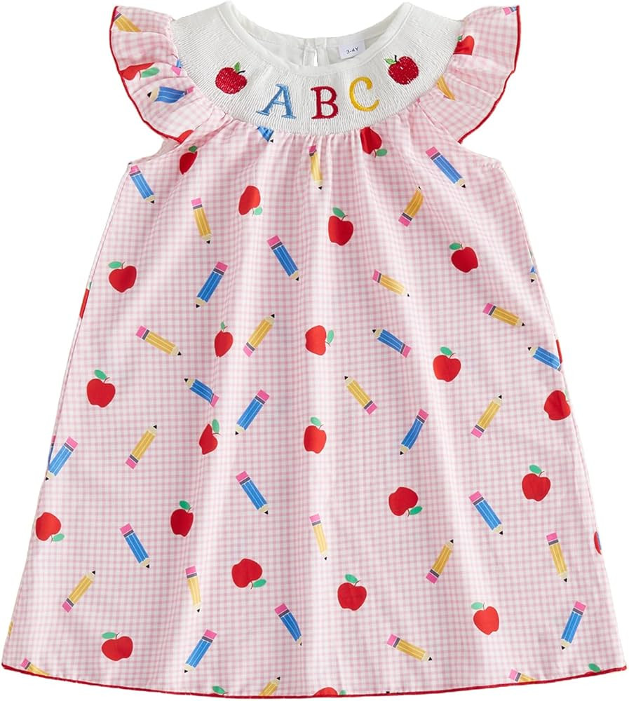 Toddler Girls Back to School Outfit ABC Apple Embroidery Pencil Flying Sleeve Smocked A Line Dres... | Amazon (US)