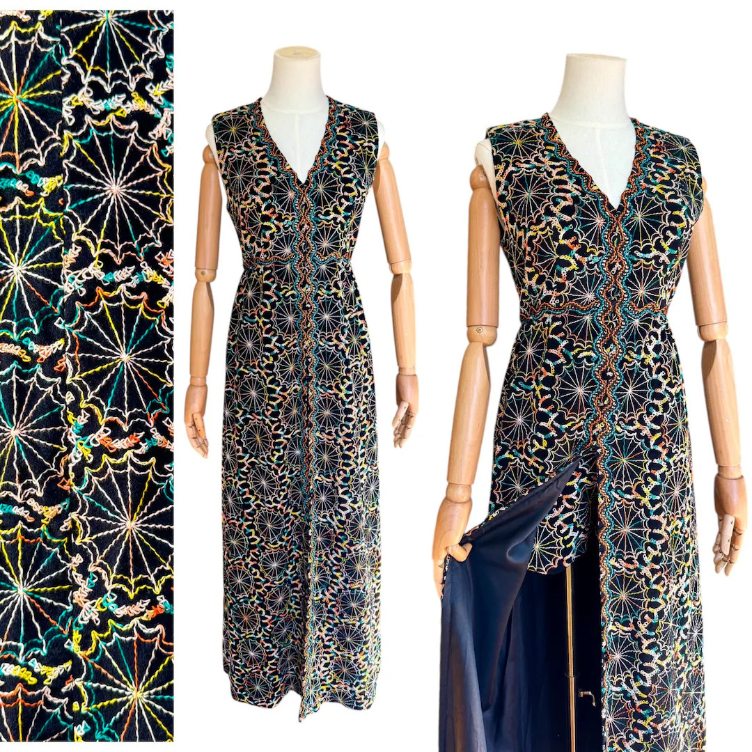 Vintage 1960s SPIDERWEB black velvet embroidered hot pants hostess set, maxi tunic dress & shorts... | Etsy (US)