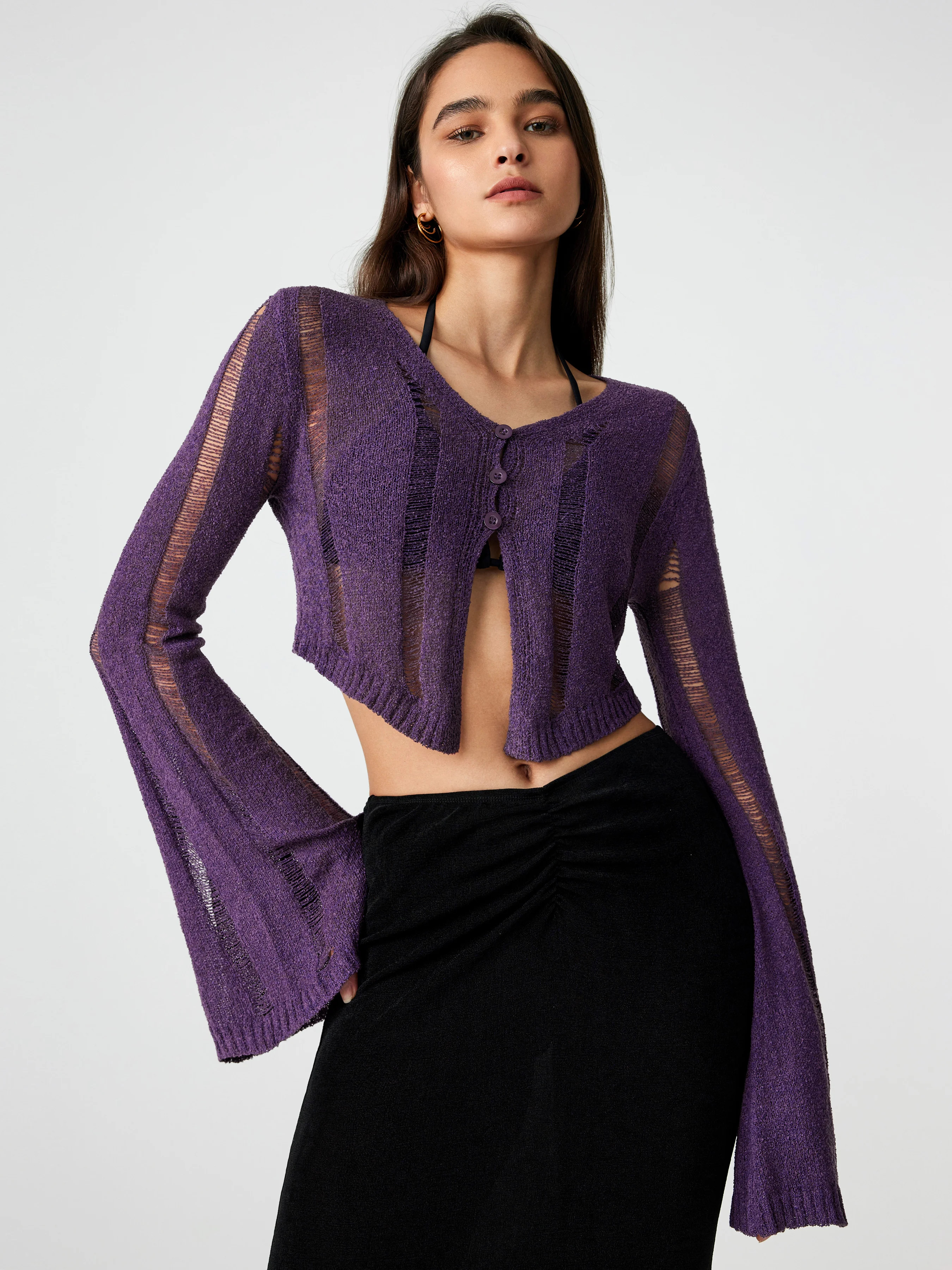 Halloween Solid Knit V-neck Hollow Out Bell Sleeve Cardigan For Holiday | Cider