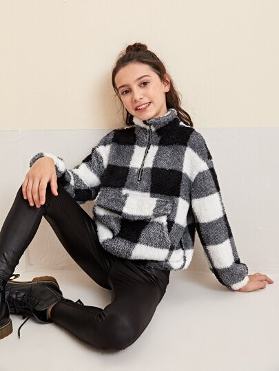 SHEIN Girls Zip Half Placket Flap Pocket Patched Buffalo Plaid Teddy Sweatshirt | SHEIN