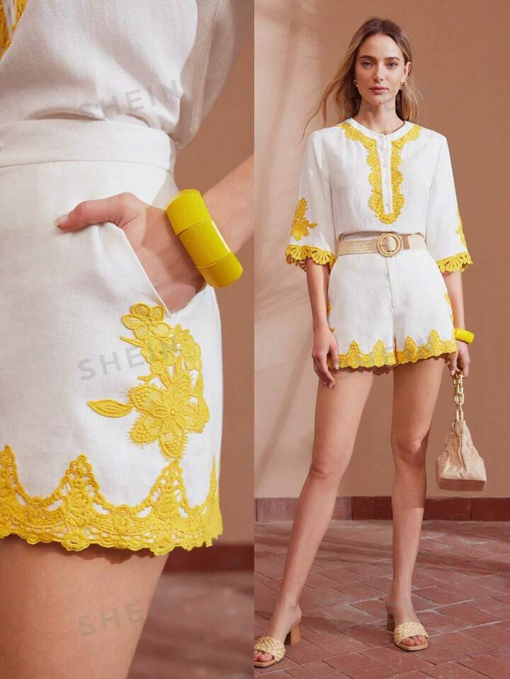 MOTF PREMIUM ZIPPER FLY SLANT POCKET CONTRAST LACE SHORTS | SHEIN