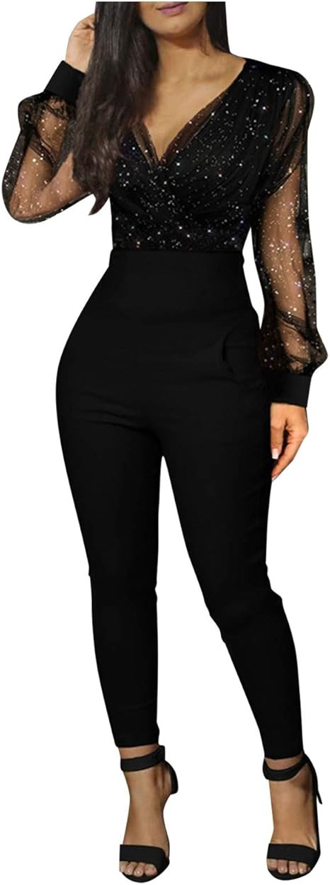 TEVEQ Long Long Sequined Women's Pocket Jumpsuit Mesh Sleeve Fashion V-Neck Rompers Women's Jumps... | Amazon (US)