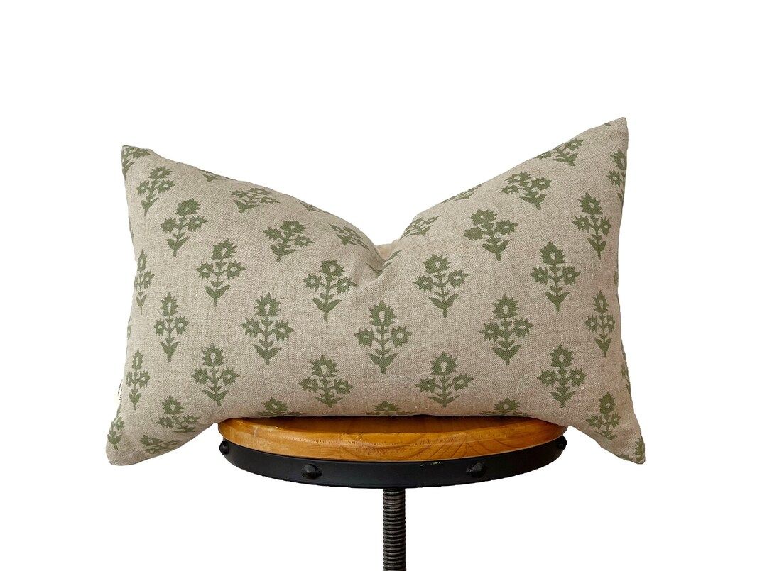 Block Print Linen Pillow Cover Green Floral Natural Linen - Etsy Canada | Etsy (CAD)