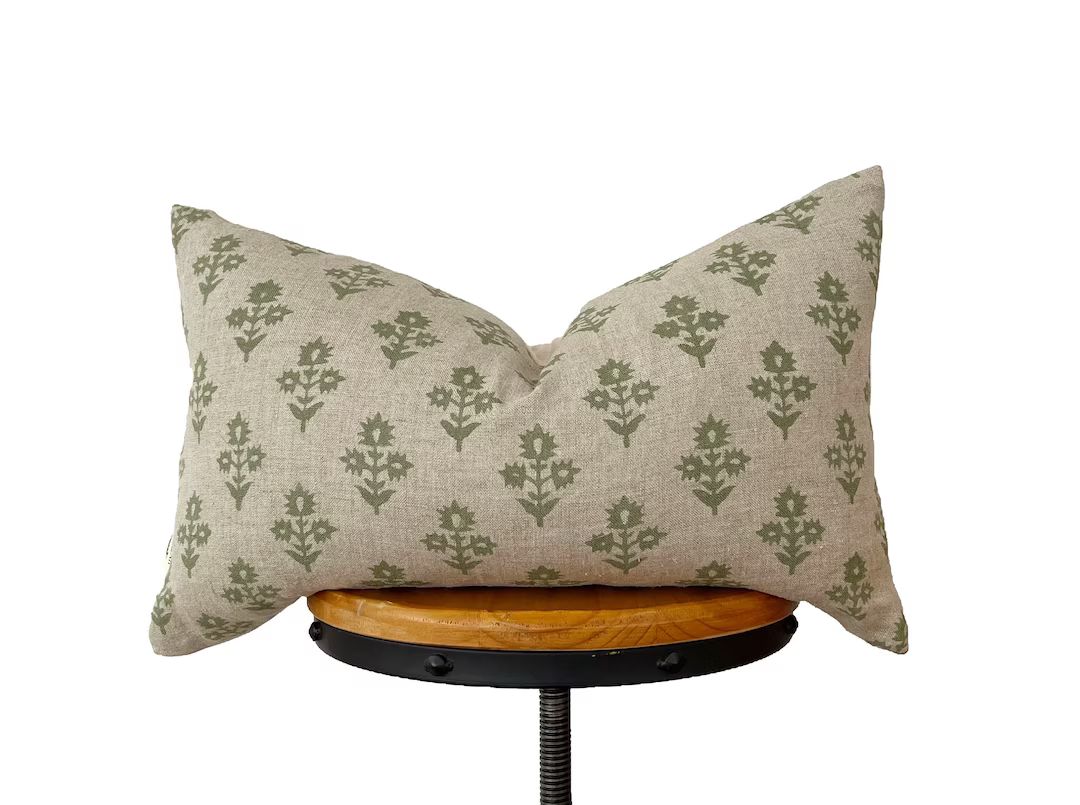 Block Print Linen Pillow Cover Green Floral Natural Linen - Etsy Canada | Etsy (CAD)