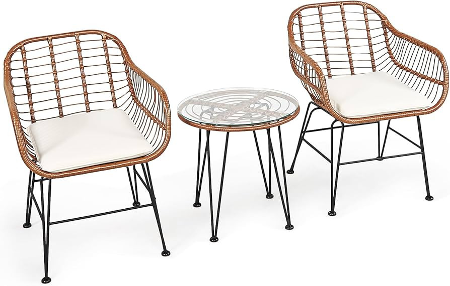 DORTALA 3 Piece Patio Bistro Set, Outdoor Wicker Furniture with Round Tempered Glass Top Table & ... | Amazon (CA)