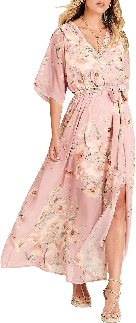 ANRABESS Women’s Summer Loose Kimono Maxi Dress Wrap V Neck 3/4 Sleeve Floral Print Slit Long D... | Amazon (US)