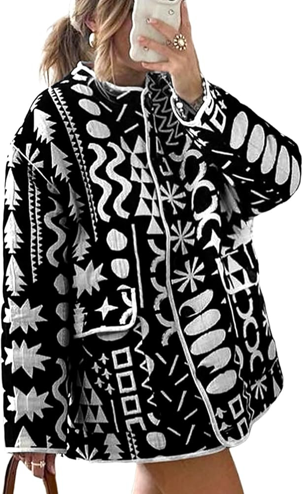 Wyeysyt Women's Quilted Puffer Jacket Lightweight Floral Print Padded Cardigan Button Down Puffy ... | Amazon (US)