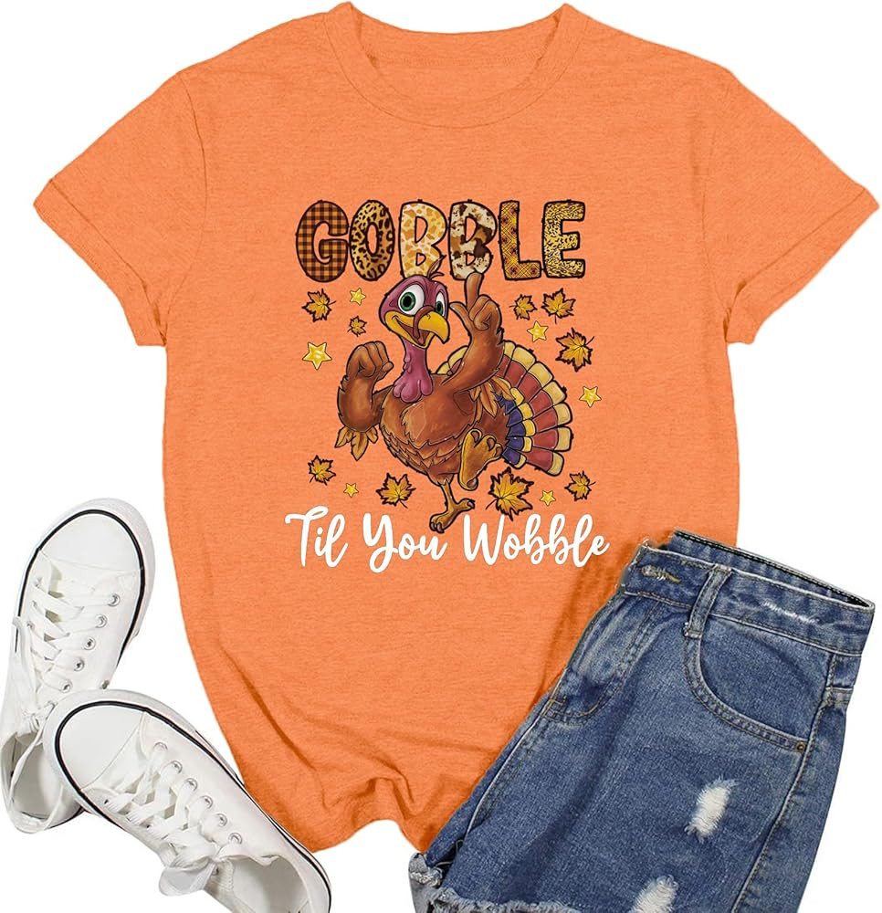 Thanksgiving Shirt for Women Gobble Turkey Print T-Shirt Thanksgiving Day Tee Tops | Amazon (US)