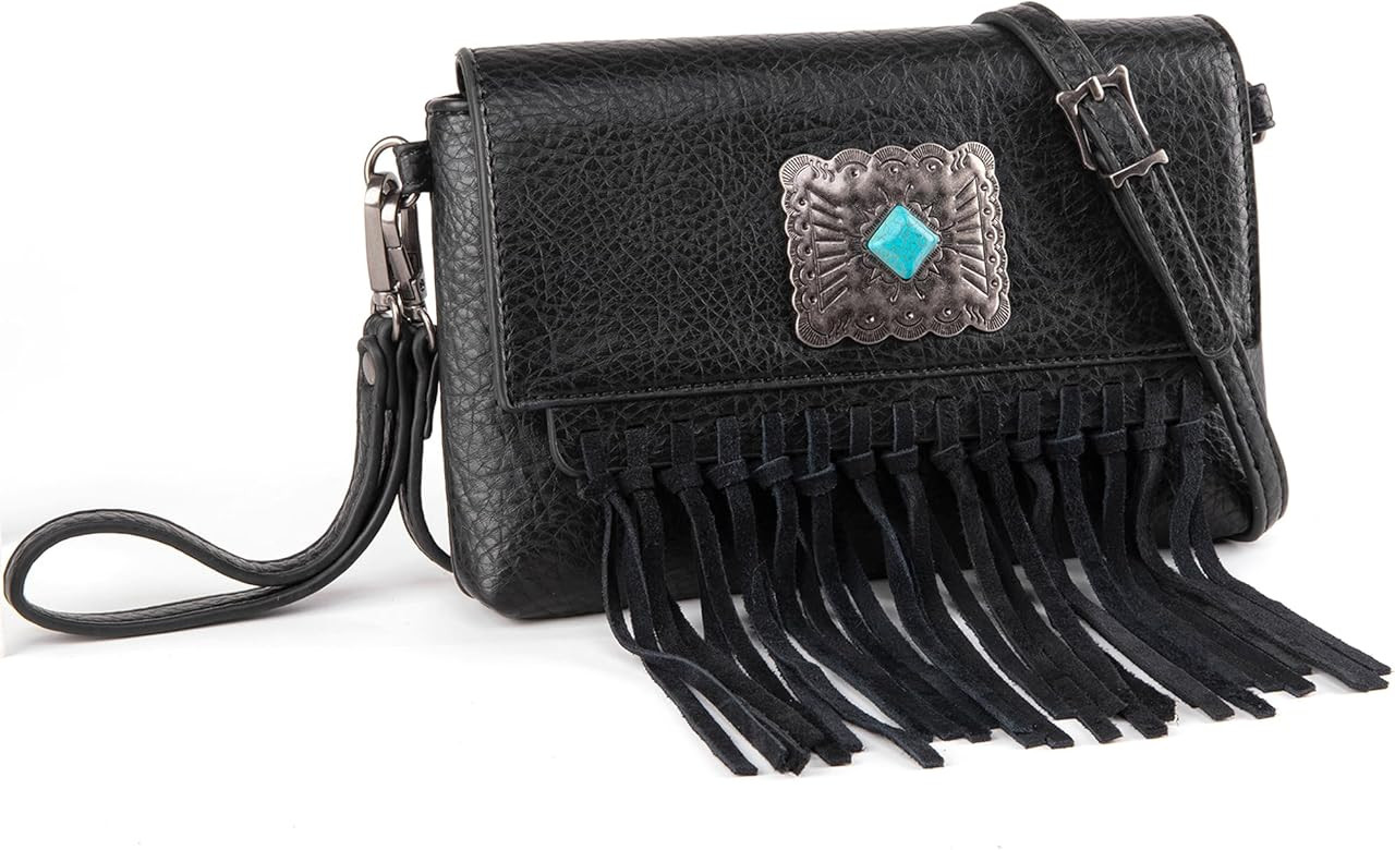 Wrangler Leather Fringe Purse for Women Western Hobo Bag Turquoise Concho Shoulder Handbag | Amazon (US)