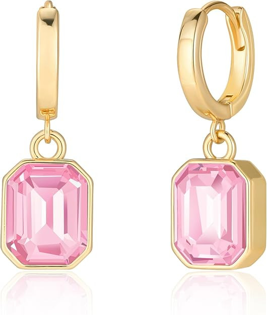 Birthstone Crystal Dangle Drop Earrings, 18K Gold Plated Huggie Hoop Hypoallergenic Earring Jewel... | Amazon (US)