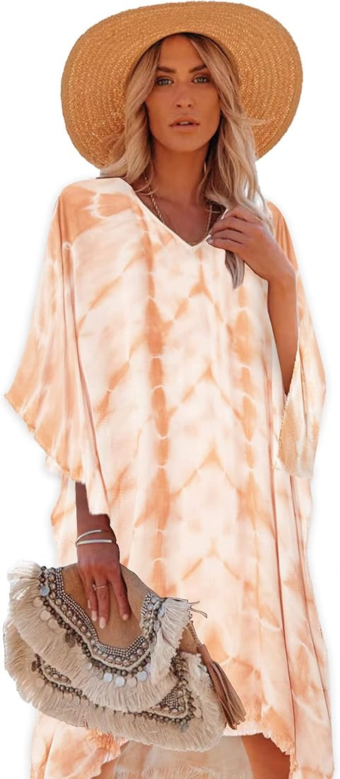 Moss Rose Women's Swimsuit Cover up Beach Kaftan for Bathing Suit with Floral Pattern | Amazon (US)