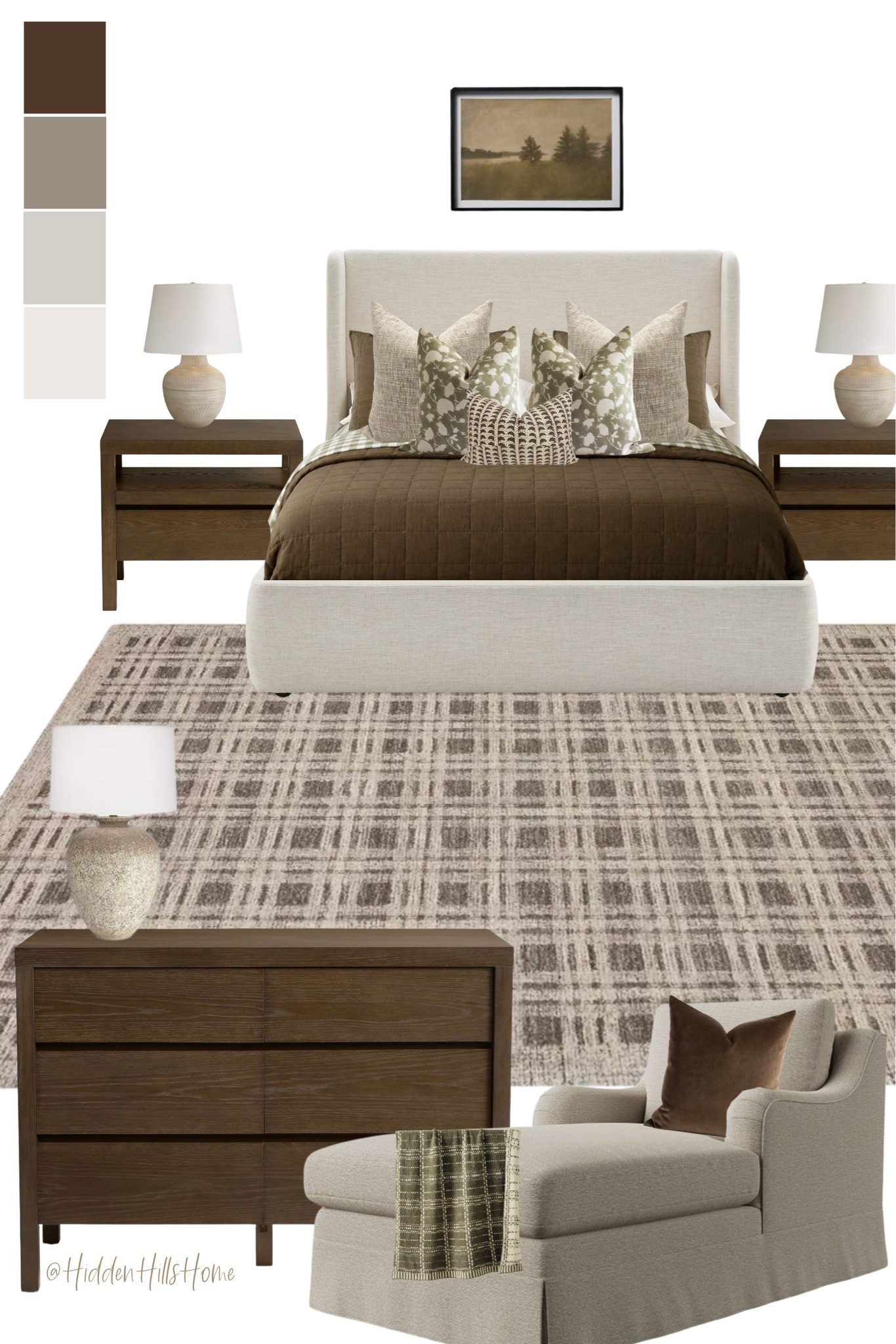 Cozy bedroom decor, bedroom design, bedding, nightstands, bedroom rug, dresser, bedroom decor mood board, master bedroom design, home inspiration