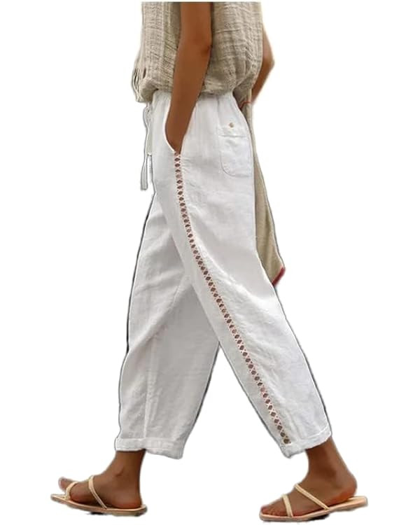 Akivide Womens Cotton Linen Pants Elastic High Waist Lace Comfy Loose Summer Beach Pants with Poc... | Amazon (US)