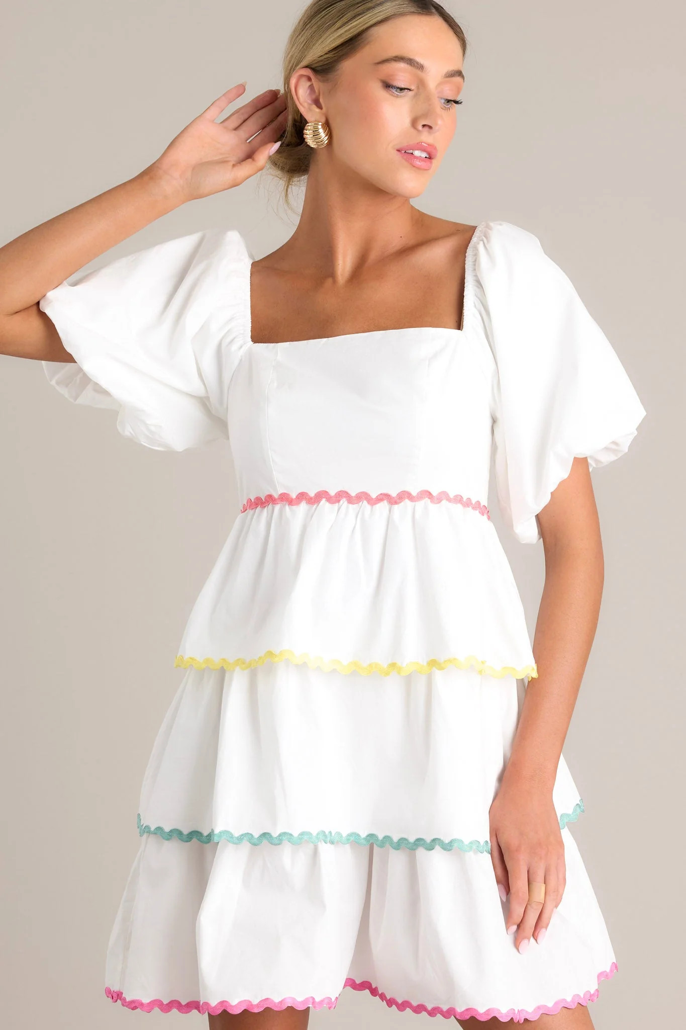 Aurora Dream White Multi Ricrac Mini Dress | Red Dress