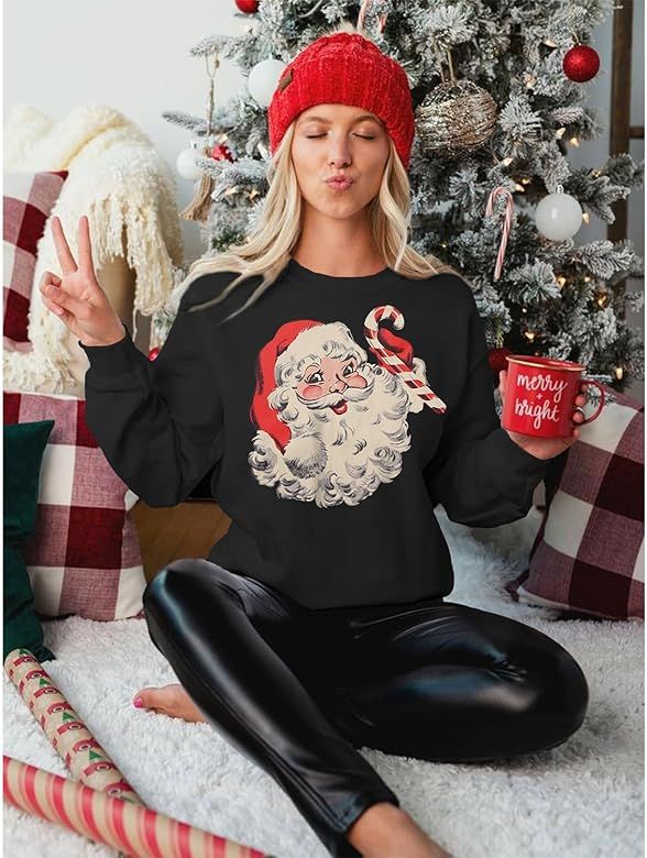 Women Christmas Sweatshirt Retro Santa Claus Graphic Pullover Crewneck Long Sleeve Casual Shirt Xmas | Amazon (US)