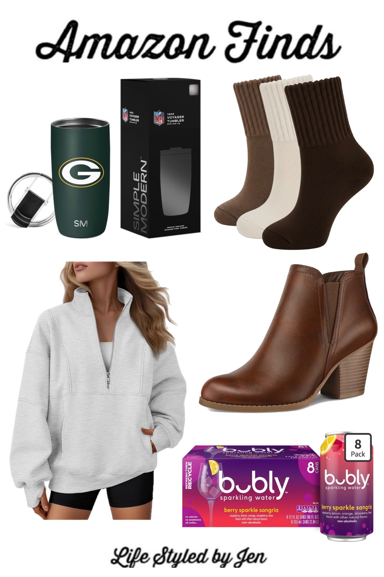 Time for this week’s Amazon Finds - five items from Amazon that are definitely worth checking out! 🎉

✔️ Simple Modern Stainless Steel NFL Tumblers - if you have any football fans in your life, these are excellent for gifting, and they’re only $19.99 right now! Time and again recommend these since they keep drinks hot or cold for hours on end. ☕️

✔️ Automet Women’s Oversized Sweatshirt - coziest top that’s on sale right now in tons of colors. Has thumb holes and an oversized fit that’s so easy to snuggle up in. Ongoing best seller that’s definitely worth owning! 

✔️ 3 Pack Women’s Cozy Boot Socks - the best deal for ultra soft and cozy socks that happen to be the perfect style for boots. This 3 pack is only around $7, which is an incredible price 🙌🏻 Three easy neutrals included. 

✔️ mysoft Ankle Booties - can’t say enough about these super chic boots that also happen to be super comfy! Definitely a boot that can go miles since they’re sturdy and cushy. Several colors available at a great price!

✔️ Bubly Berry Sparkle Sangria Sparkling Water - new release that is SO dang good!! Amazon exclusive, and it’s available at a great price 💦

#LTKSaleAlert #LTKSeasonal #LTKootd