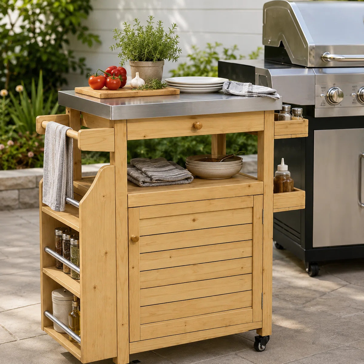Outdoor Bar Cart with 304 Stainless Steel Top and Storage Cabinet | Wayfair North America