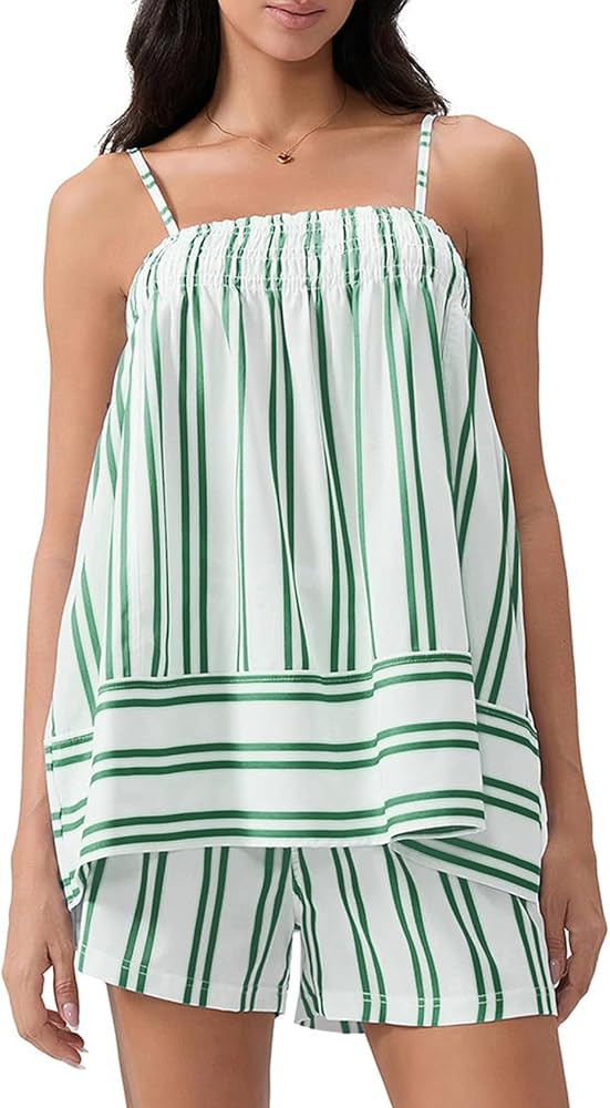 Wyeysyt Women Y2K Striped Pajama Set 2 Piece Ruffle Hem Cami Tops and Stripe Boxer Shorts Pj Set ... | Amazon (US)