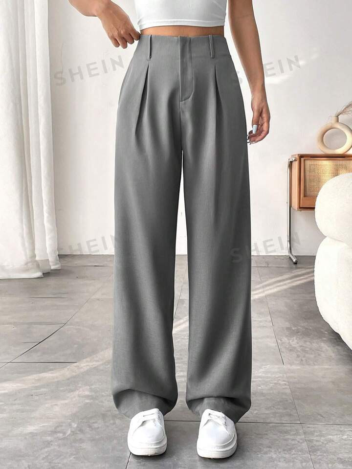 SHEIN EZwear Calças Femininas De Cor Sólida Plissadas Com Perna Reta E Ajuste Relaxado | SHEIN