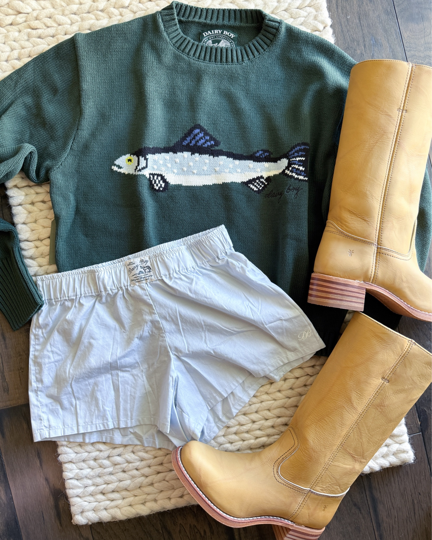 Fall transition perfection. I styled my favorite Dairy Boy fish knit sweaters two ways for that effortless cabin-core vibe. These sweaters are thick, cozy, & ridiculously cute layered or on their own. Paired with scalloped eyelet & boxer-style shorts because Utah fall still hits 70° at noon. Linking everything I can (sweaters, boots, & lookalike shorts), even though both sweaters were hard to get my hands on!

dairy boy sweater - fish knit sweater - fall knitwear - ugg tazz - frye boots style - scalloped shorts - boxy knit sweater - coastal cowgirl fall - cozy fall outfit - fall layering inspo - cottagecore knitwear - ugg slip on fall - fish sweater outfit - cabin outfit idea - neutral fall fashion - womens fall boots - trending fall outfits - classic fall style - utah fall outfit - fisherman aesthetic fall

#LTKStyleTip #LTKShoeCrush #LTKU