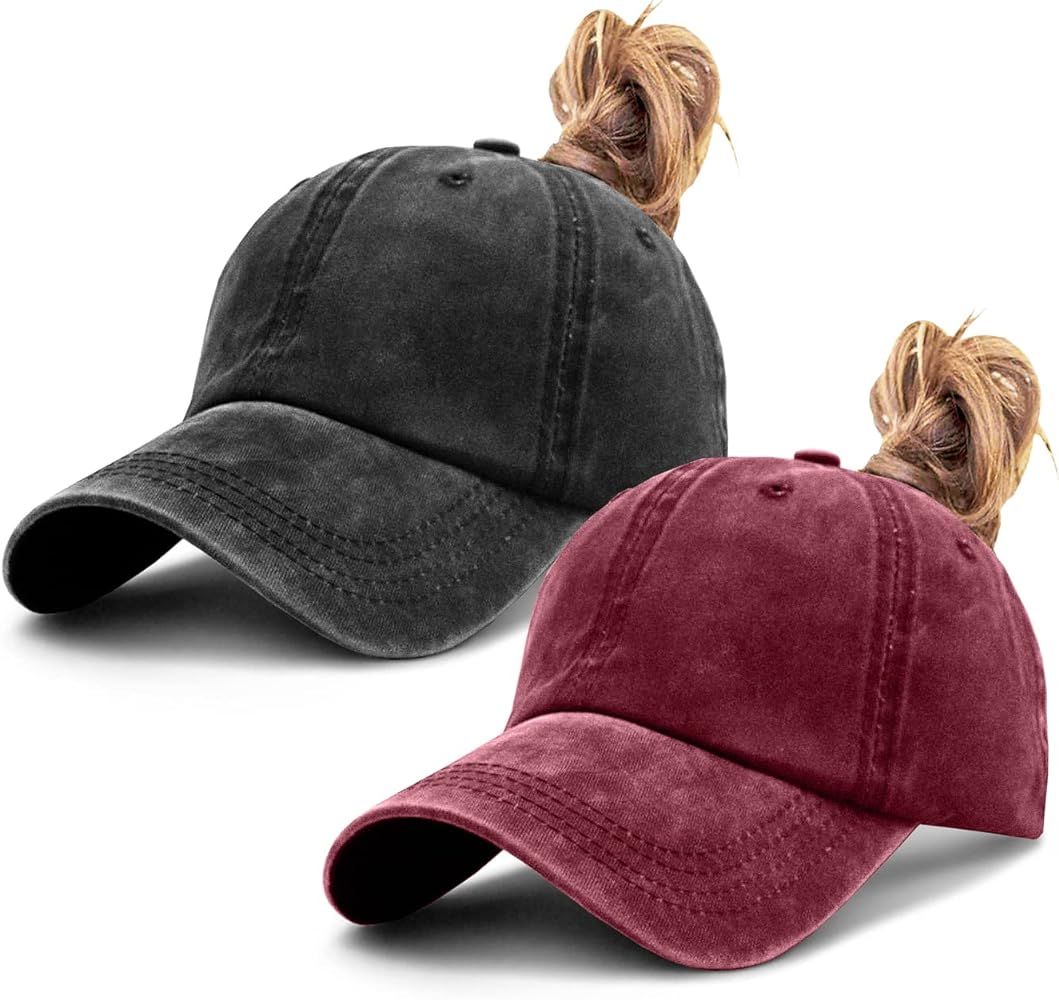 IYEBRAO 2 Pack Womens Washed Distressed Baseball Cap with Ponytail Hole Vintage Cotton Sport Hat Mes | Amazon (US)