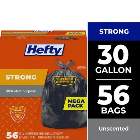Hefty Strong 30 Gallon Trash Bags, Large Trash Bags, Black, Unscented, 56 Bags | Walmart (US)