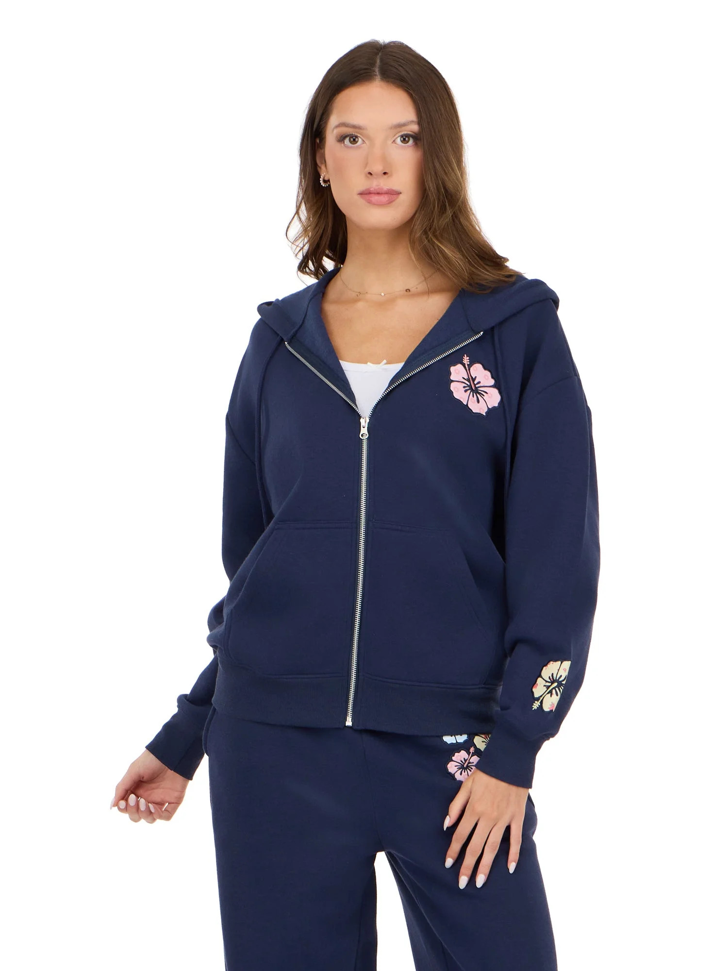 Forever 21 Women’s Zip Up Hoodie with Floral Patches, Relaxed Fit Hooded Sweatshirt with Front ... | Walmart (US)