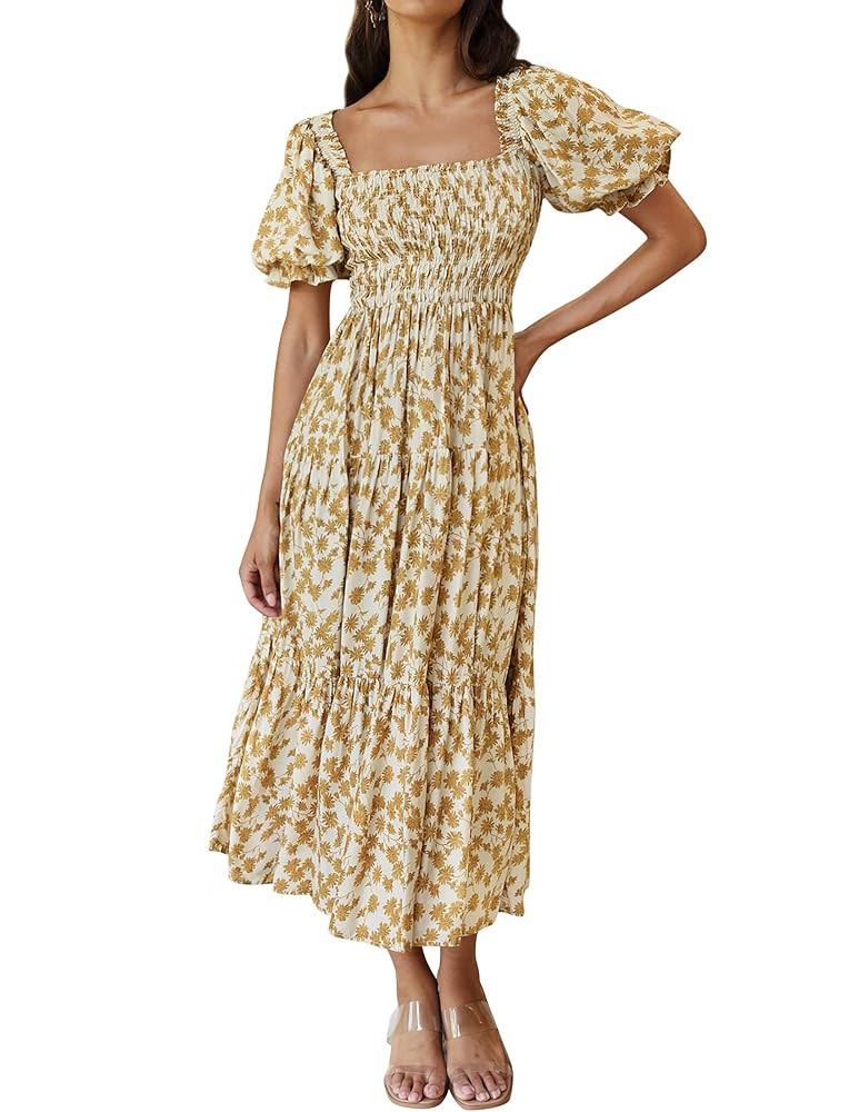 ZESICA Women's 2025 Summer Boho Floral Print Square Neck Ruffle Swing Beach Long Maxi Dress | Amazon (US)