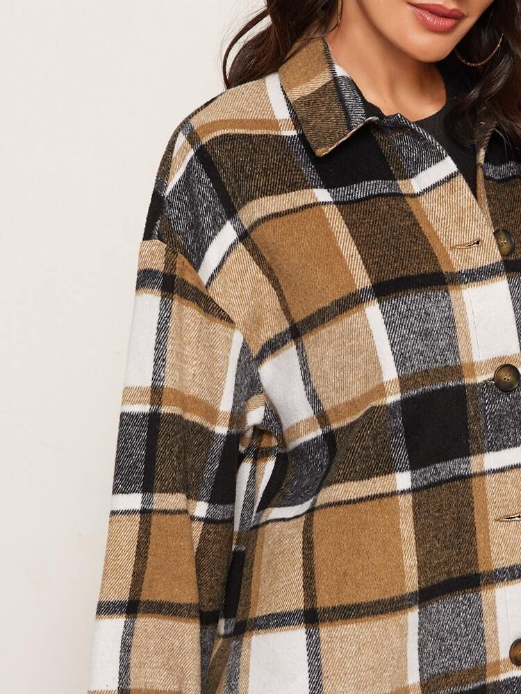 SHEIN Collared Single Breasted Curved Hem Plaid Coat | SHEIN