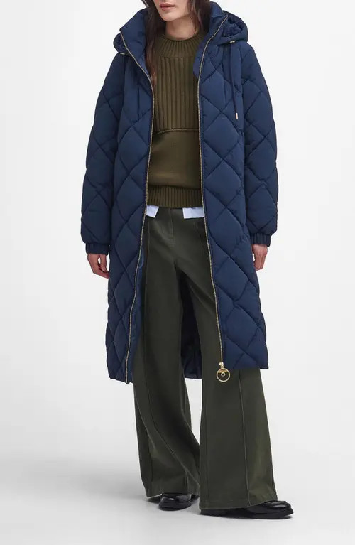 Barbour Kirkton Longline Puffer Coat in Navy/Classic at Nordstrom, Size 6 Us | Nordstrom