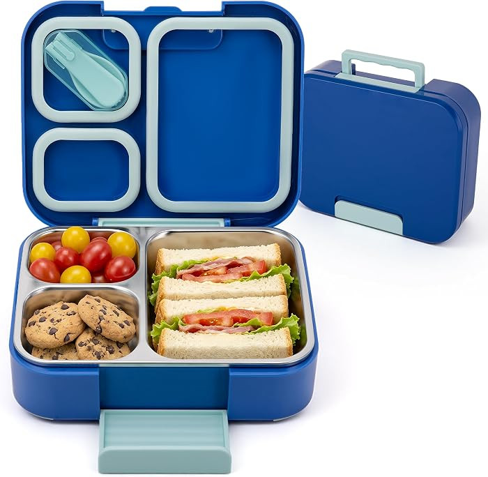 Bento Lunch Box for Kids, 3 Compartment 304 Stainless Steel Food Container with Handle & Spork, K... | Amazon (US)
