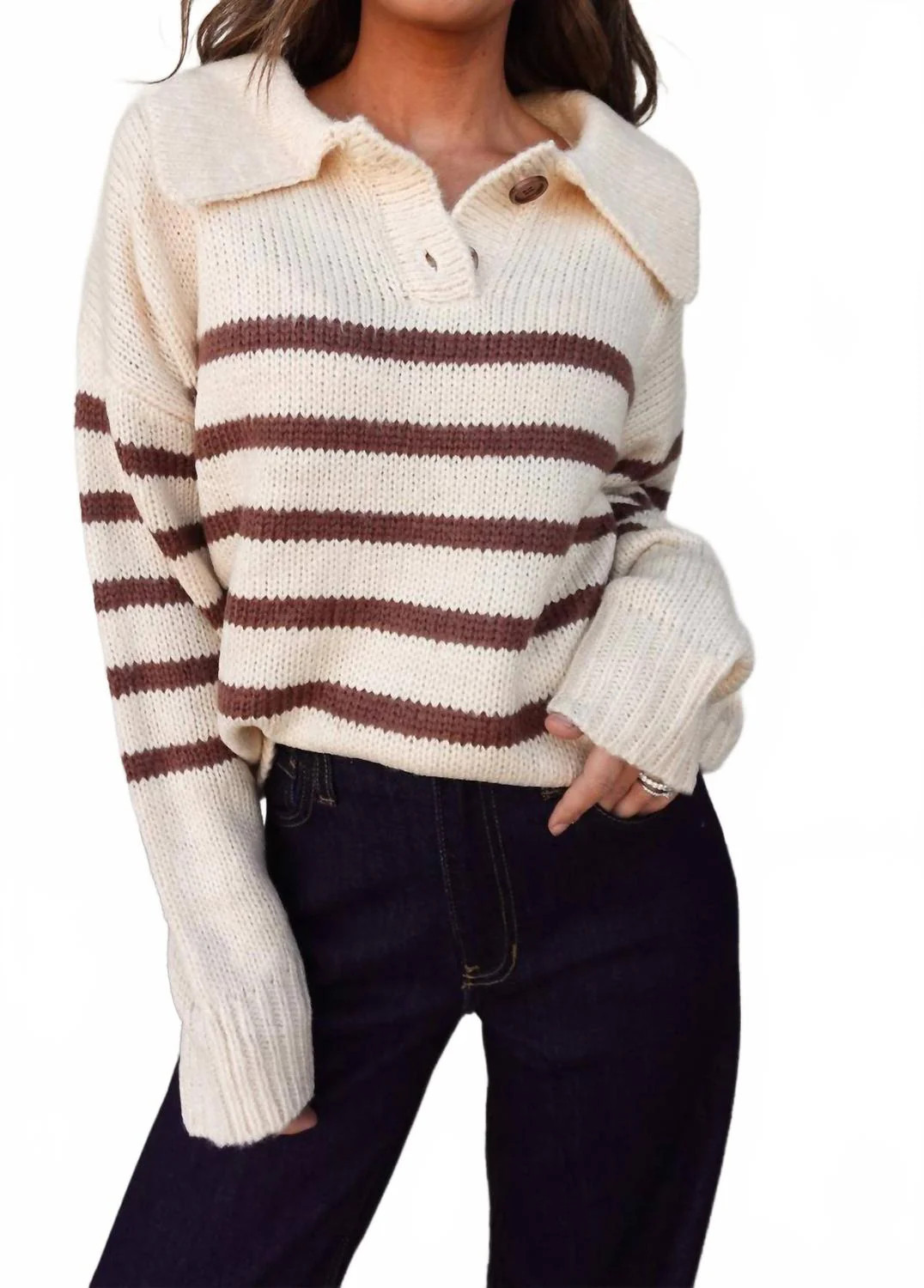 Striped Knit Collared Sweater In Cream/brown | Shop Simon
