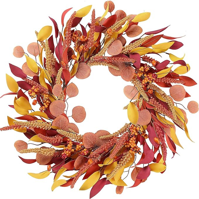 Sggvecsy Fall Wreath 20’’ Autumn Front Door Wreath Harvest Wreath with Colorful Foam Leaves E... | Amazon (US)