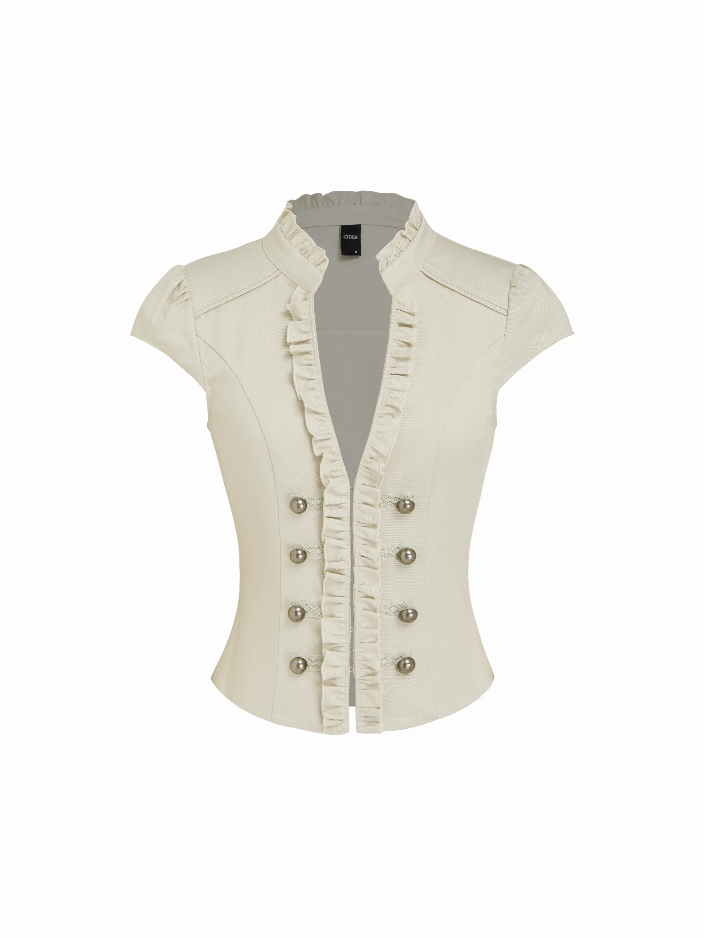 Woven Cotton-blend Napoleon Mandarin Collar Puff Sleeve Ruffle Double Breasted Top For Daily Casu... | Cider