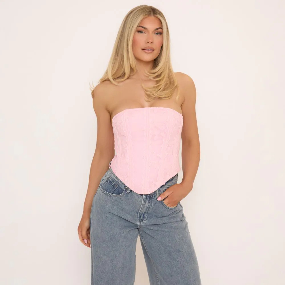 Bandeau Lace Up Back Corset Top In Pink Applique Lace | EGO (UK)