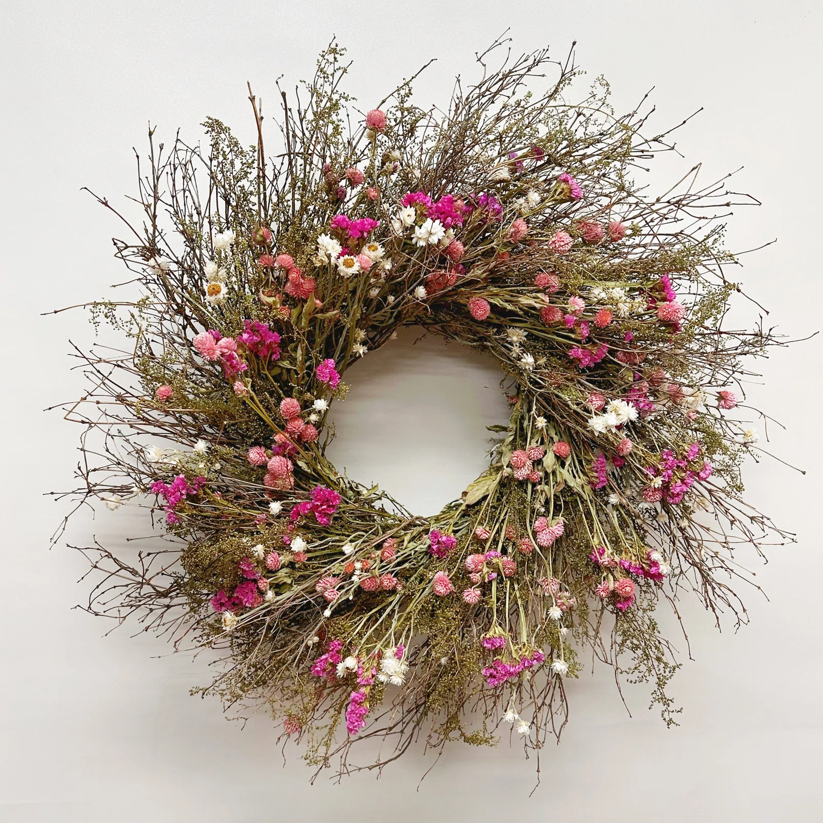 Natural Dried Flower Twigs, Sweet Annie, Pink Globe, Sinuata, and Ammobium Wreath | Wayfair North America