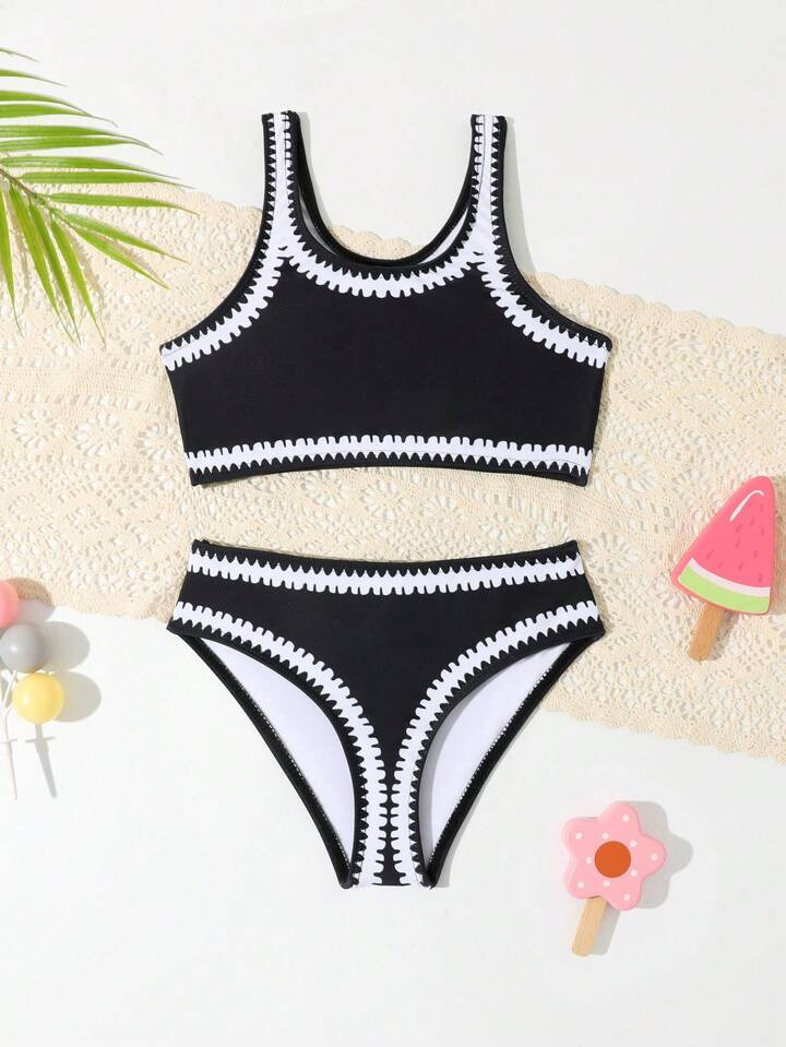 Black And White Printed Bikini Set And Swim Trunks Set For Young Girl ; Black And White Printed B... | SHEIN